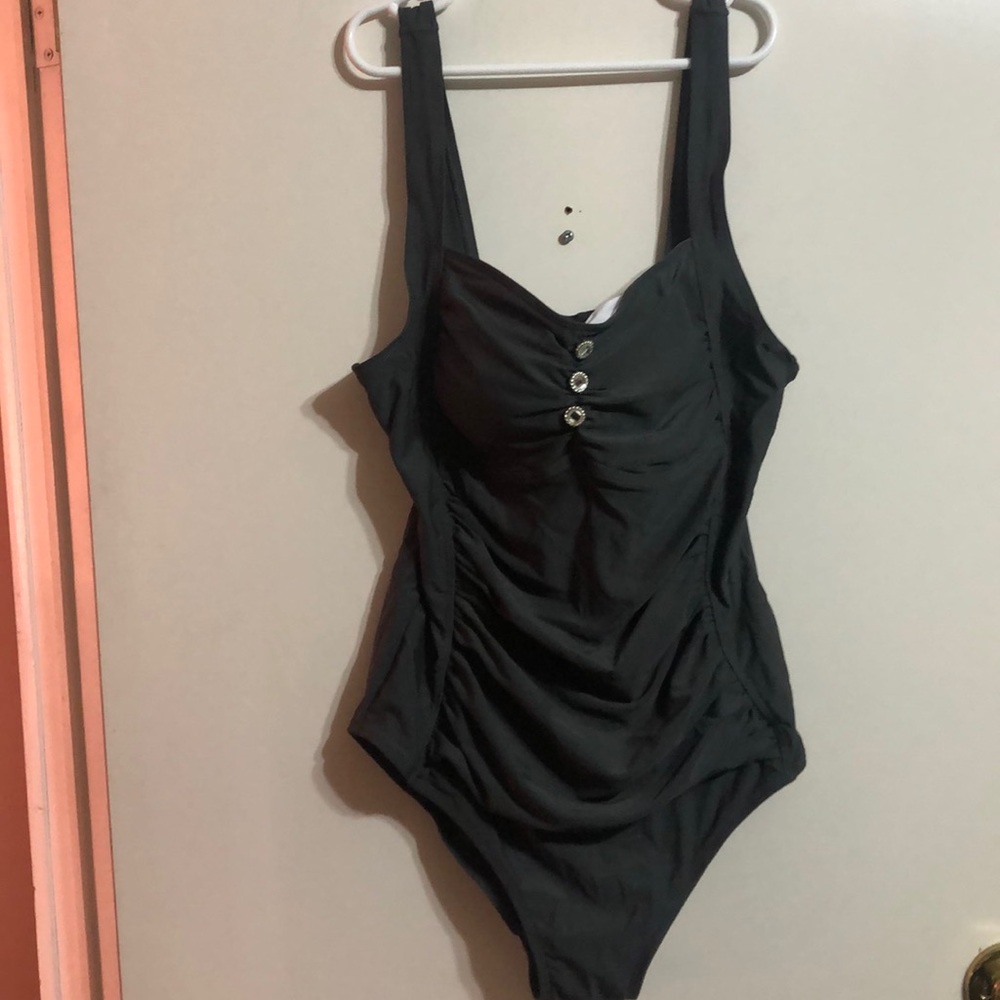 Gray one piece bathing suit.